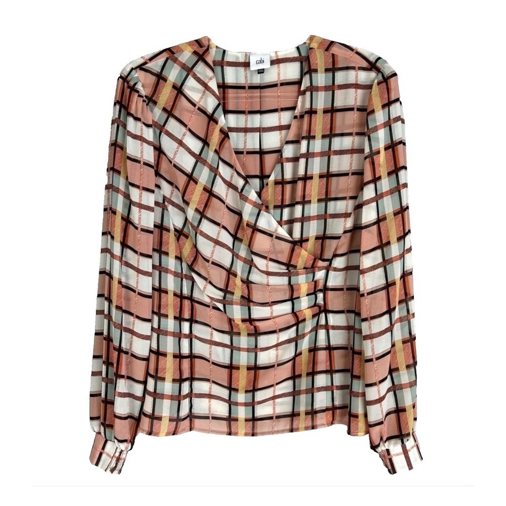 CABI 6295 Plaid Chiffon Lined WHIST BLOUSE TOP MultiColor FAUX WRAP PLEATED sz M
